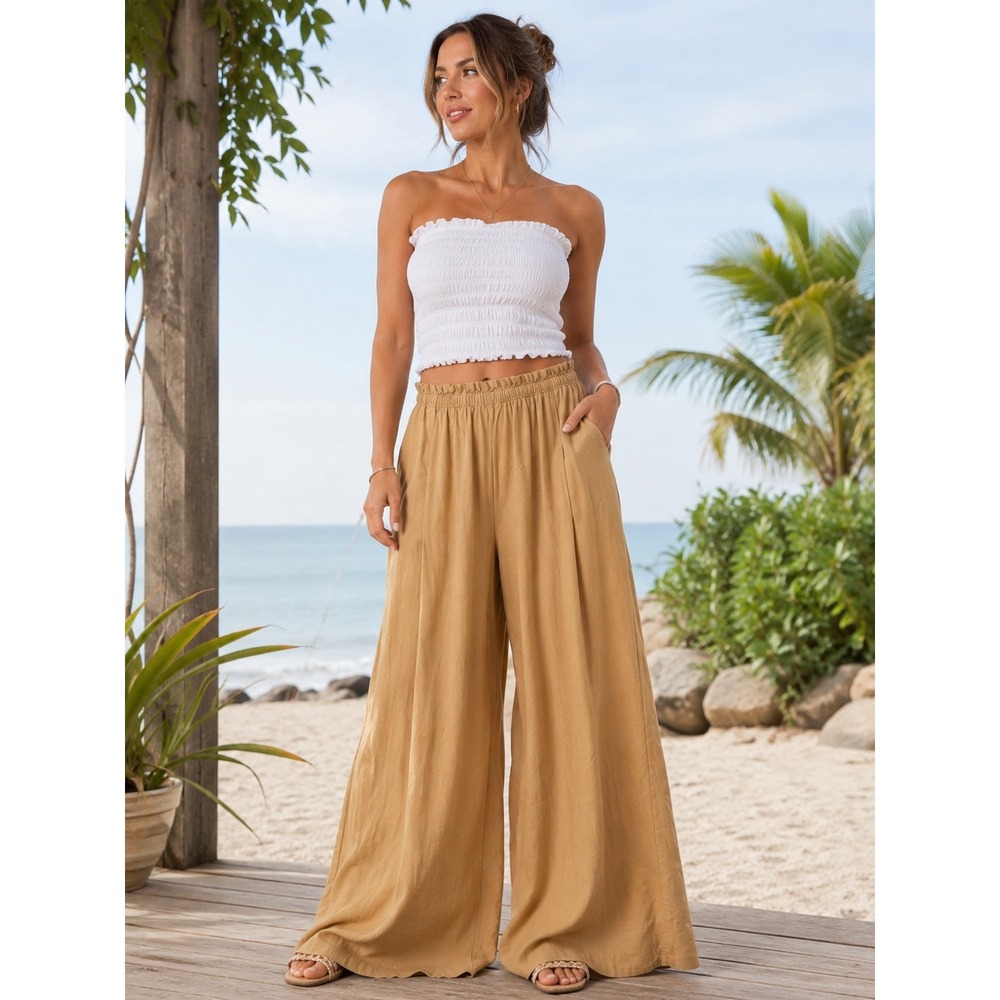 Aerie Coastal Minimalist Linen Blend Wide Leg Pullon Pants Tan L Scandi Resort